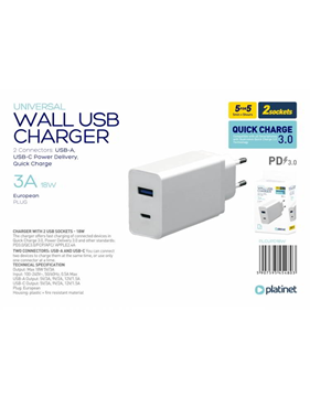 ΦΟΡΤΙΣΤΗΣ ΜΠΡΙΖΑΣ PLATINET WALL CHARGER 18W TYPE C PD3.0+QC3.0