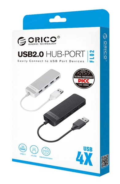 HUB USB 2.0 ORICO USB hub FL02, 4x USB ports, λευκό-μαύρο