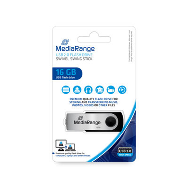 ΜΝΗΜΗ USB MEDIARANGE 16GB BLACK USB 2.0 SWIVEL