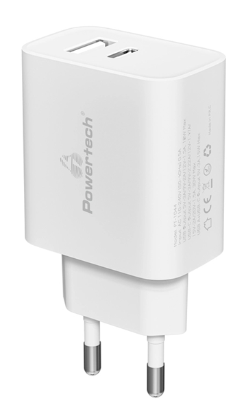 ΦΟΡΤΙΣΤΗΣ ΜΠΡΙΖΑΣ POWERTECH PT-1044 FAST CHARGE USB & USB-C, PD QC3.0, 30Watt , λευκός