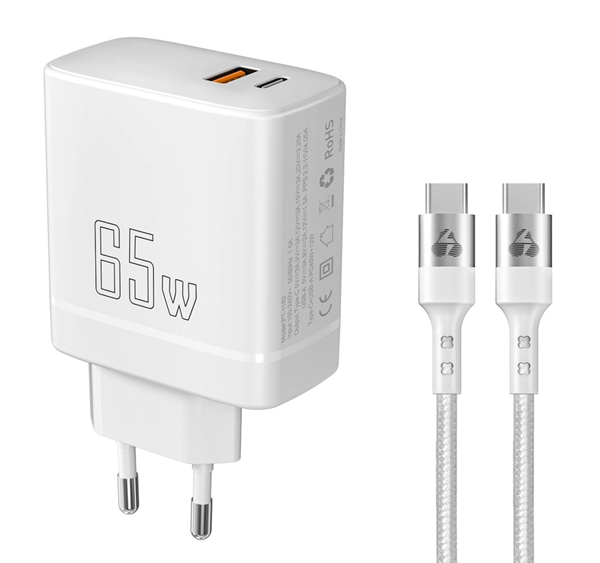 ΦΟΡΤΙΣΤΗΣ ΜΠΡΙΖΑΣ POWERTECH PT-1182, καλώδιο, USB/USB-C, 65W, GaN, λευκός