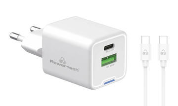 ΦΟΡΤΙΣΤΗΣ ΜΠΡΙΖΑΣ POWERTECH PT-1224, καλώδιο, USB/USB-C, 33W, GaN, λευκός