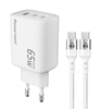 ΦΟΡΤΙΣΤΗΣ POWERTECH τοίχου PT-1415 με καλώδιο, USB/2x USB-C, 65W, GaN, λευκός