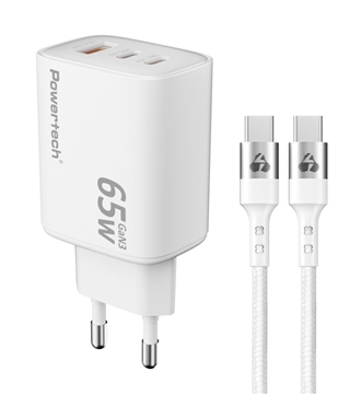 ΦΟΡΤΙΣΤΗΣ POWERTECH τοίχου PT-1415 με καλώδιο, USB/2x USB-C, 65W, GaN, λευκός