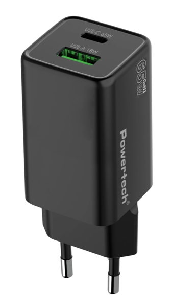 ΦΟΡΤΙΣΤΗΣ ΜΠΡΙΖΑΣ POWERTECH PT-1501, USB/USB-C, 65W, GaN, μαύρος,PD,QC4.0
