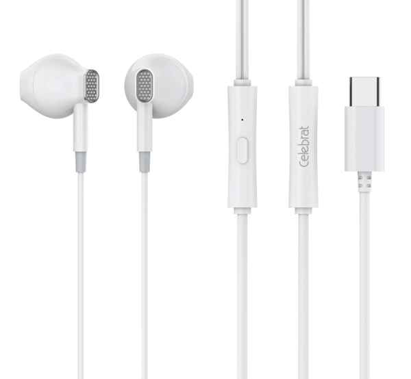 ΑΚΟΥΣΤΙΚΑ CELEBRAT earphones με μικρόφωνο D12, USB-C σύνδεση, Φ14.2mm, 1.2m, λευκά