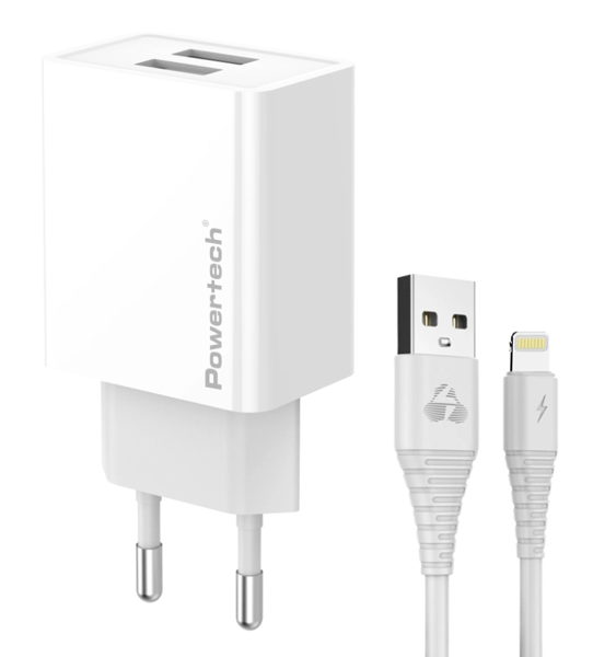 ΦΟΡΤΙΣΤΗΣ ΜΠΡΙΖΑΣ POWERTECH PT-1325 με καλώδιο Lightning, 2x USB, 12W, λευκός