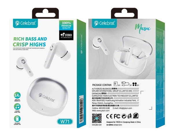 ΑΚΟΥΣΤΙΚΑ BLUETOOTH CELEBRAT earphones με θήκη φόρτισης W71, True Wireless, 10mm, 30/200mAh, λευκά