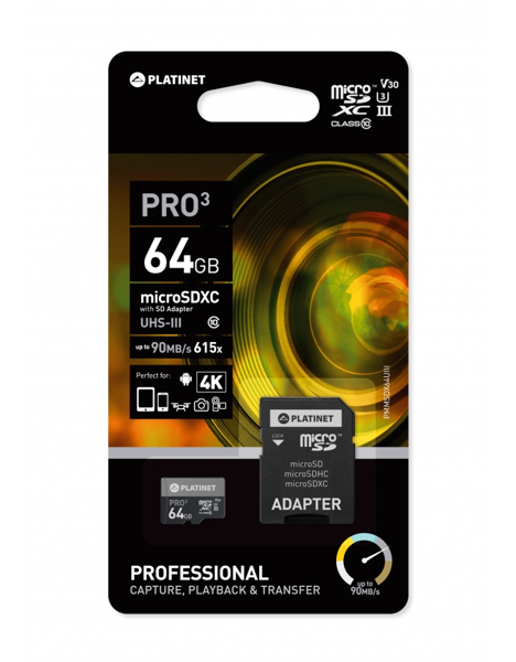 MNHMH MICRO SD PLATINET microSDXC SECURE DIGITAL + ADAPTER SD 64GB class10 UIII 90MB/s PRO3