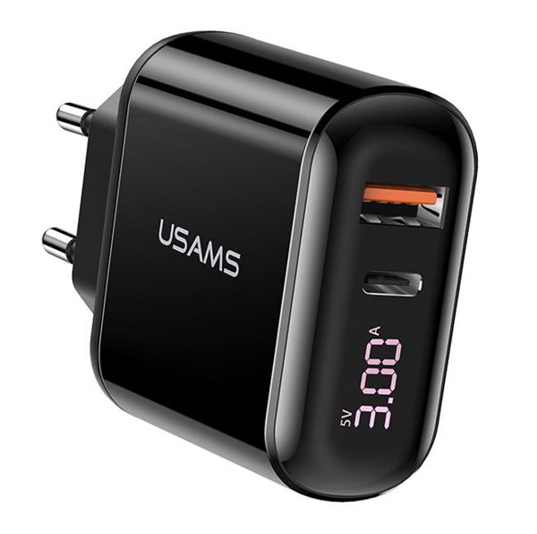 ΦΟΡΤΙΣΤΗΣ ΜΠΡΙΖΑΣ USAMS  T23, USB & type-C, οθόνη, 18W 3A, μαύρος