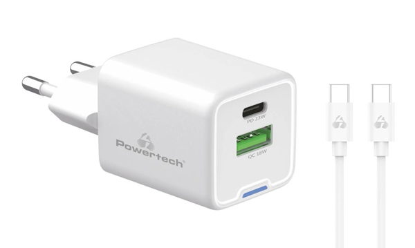ΦΟΡΤΙΣΤΗΣ ΜΠΡΙΖΑΣ POWERTECH PT-1224, καλώδιο, USB/USB-C, 33W, GaN, λευκός