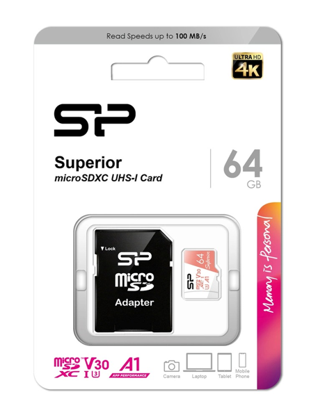 MNHMH MICRO SD SILICON POWER κάρτα μνήμης microSDXC Superior, 64GB, C10 UHS-I U3 A1 V30