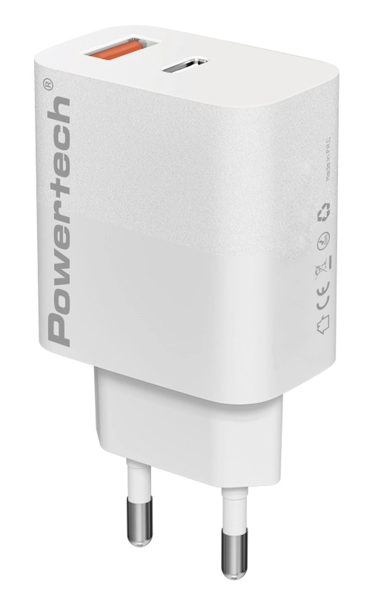 ΦΟΡΤΙΣΤΗΣ ΜΠΡΙΖΑΣ POWERTECH PT-1437, USB/USB-C, 20W, GaN, λευκός
