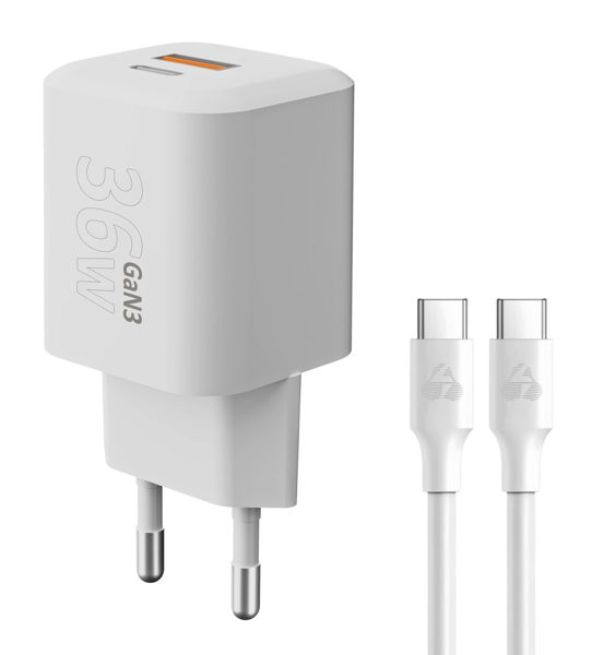 ΦΟΡΤΙΣΤΗΣ POWERTECH  PT-1351 με καλώδιο TYPE C , USB/2x USB-C, 36W, GaN3, λευκός