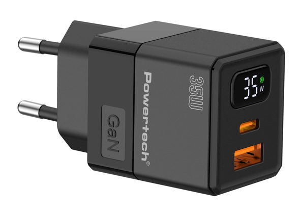 ΦΟΡΤΙΣΤΗΣ POWERTECH  φορτιστής τοίχου PT-1499 με οθόνη, USB/USB-C, 35W, GaN, μαύρος
