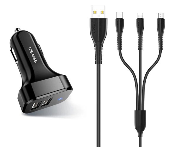 ΦΟΡΤΙΣΤΗΣ ΑΥΤΟΚΙΝΗΤΟΥ USAMS C13 & καλώδιο 3 σε 1, 2x USB, 2.1A, μαύρο