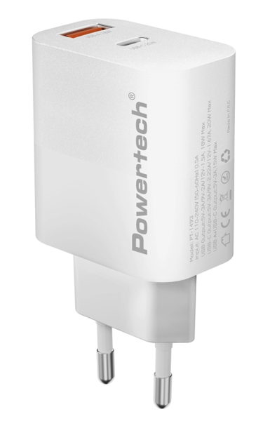 ΦΟΡΤΙΣΤΗΣ ΜΠΡΙΖΑΣ POWERTECH PT-1493, USB/USB-C, 20W, PD&QC, λευκός