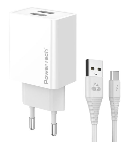ΦΟΡΤΙΣΤΗΣ ΜΠΡΙΖΑΣ POWERTECH PT-1324 με καλώδιο USB-C, 2x USB, 12W, λευκός