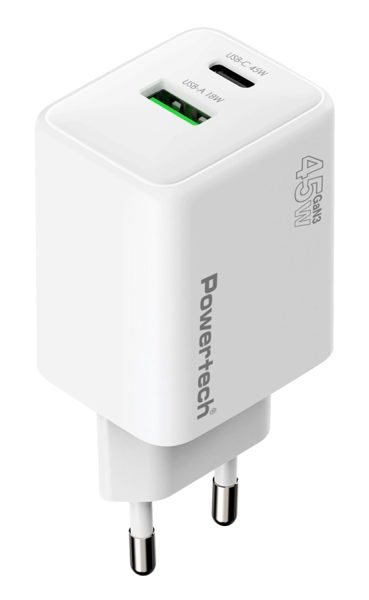 ΦΟΡΤΙΣΤΗΣ ΜΠΡΙΖΑΣ POWERTECH PT-1551, USB/USB-C, 45W, GaN3, AVS, IPhone 17,PD&QC 4.0, λευκός