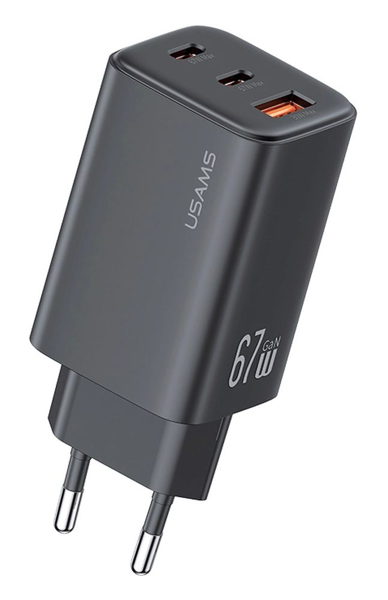 ΦΟΡΤΙΣΤΗΣ ΜΠΡΙΖΑΣ USAMS CC265, USB & 2x USB-C, 67W, GaN, μαύρος