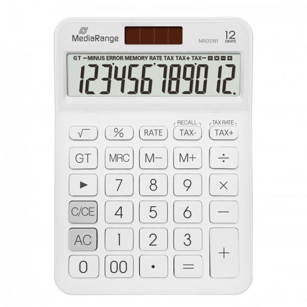 ΑΡΙΘΜΟΜΗΧΑΝΗ MediaRange Calculator with tax function, 12-digit LCD, solar and battery powered, white (MROS191)