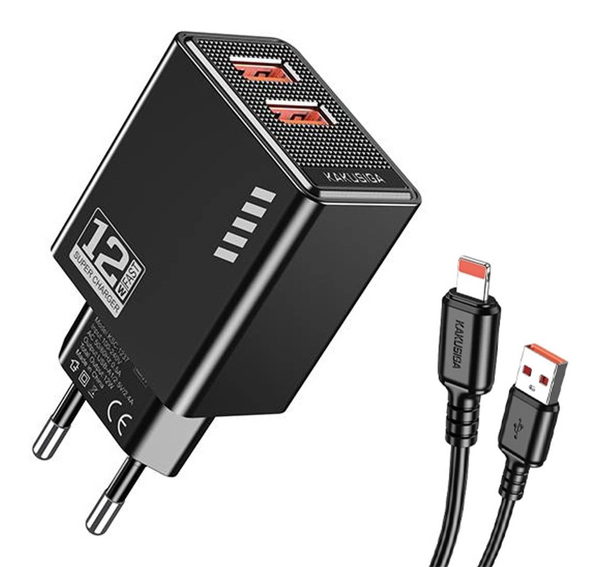 ΦΟΡΤΙΣΤΗΣ ΜΠΡΙΖΑΣ KAKUSIGA KSC-1238 με καλώδιο Lightning, 2x USB, 12W, μαύρος