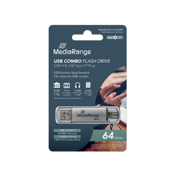 MNHMH USB MediaRange USB 3.0 Combo Flash Drive with USB Type-C™ plug, 64GB (MR937)