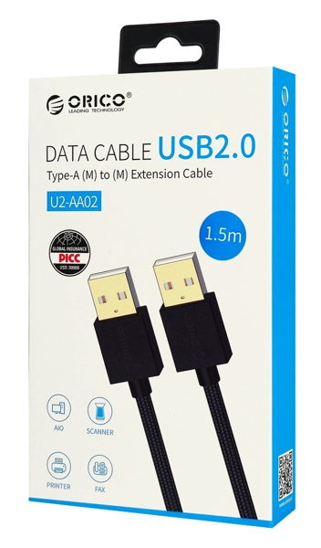 ΚΑΛΩΔΙΟ USB 3.0 ΑΡΣΕΝΙΚΟ-ΑΡΣΕΝΙΚΟ ORICO USB 2.0 U2-AA02, 480Mbps, 1.5m, μαύρο
